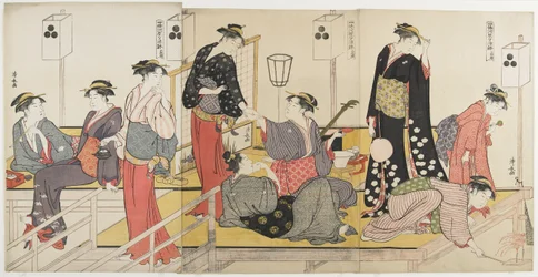 Triptyque de la fraîcheur du soir sur la rive de Shijo, 1784